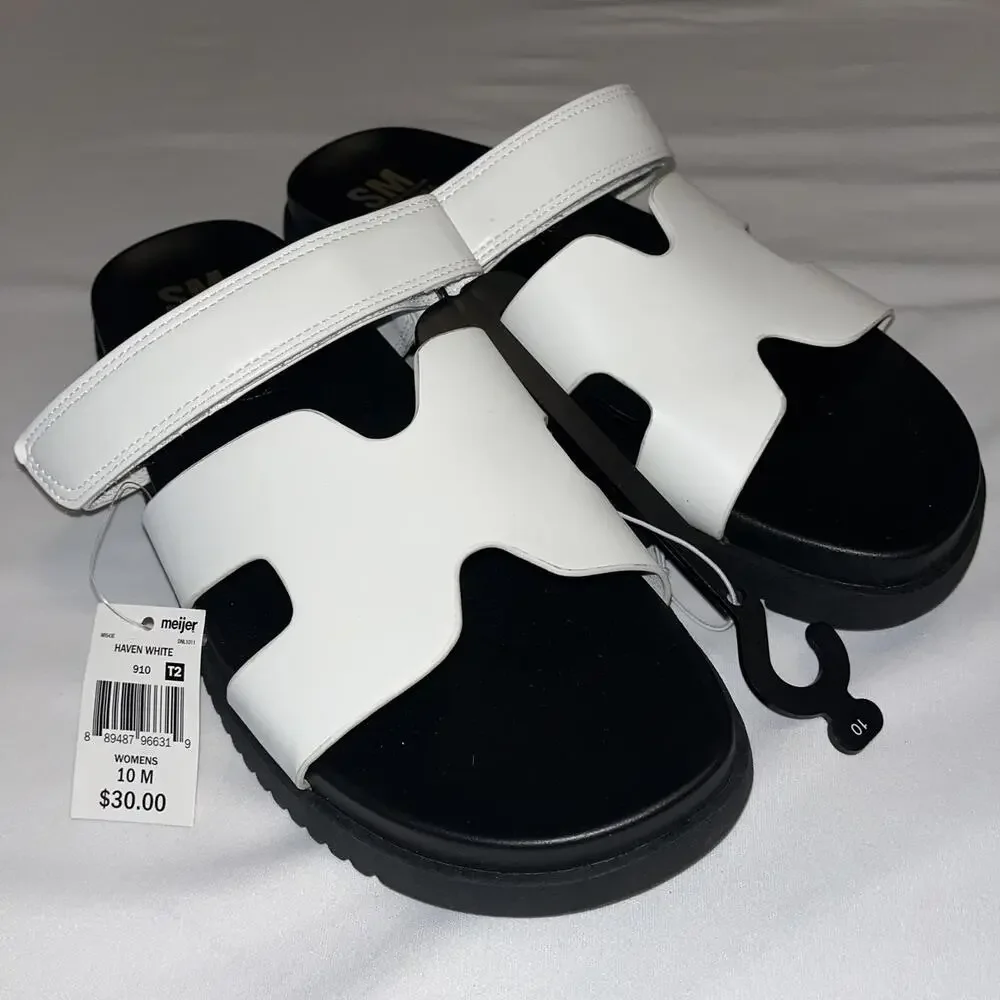 SM New York Steve Madden Moana Women's 10M White Black Slides Sandals Flatform